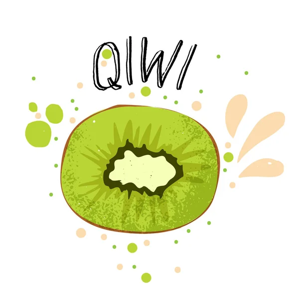 Vektor Hand zeichnen qiwi Illustration. grüne Qiwi mit Saftspritzern isoliert auf weißem Hintergrund. Texturierte grüne Qiwies-Skizze, Saftfrucht mit Wort-Qiwi obendrauf. frische Silhouette Frucht von Qiwies. — Stockvektor