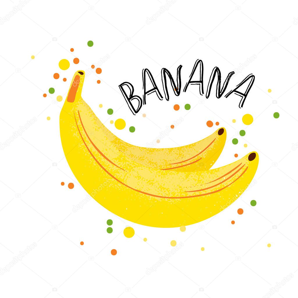 Vector hand draw banana illustration. Yellow ripe bananas with juice splash isolated on white background. Textured banana with splashes, juice tropical fruit with word Banana on top. Fresh silhouette