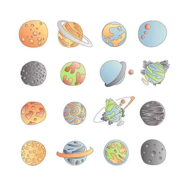Conjunto de ícones de planetas de astronomia de desenhos animados bonito. Ícones de desenhos animados de diferentes planetas doodle, exo planetas, anéis planetários, satélites , — Vetor de Stock