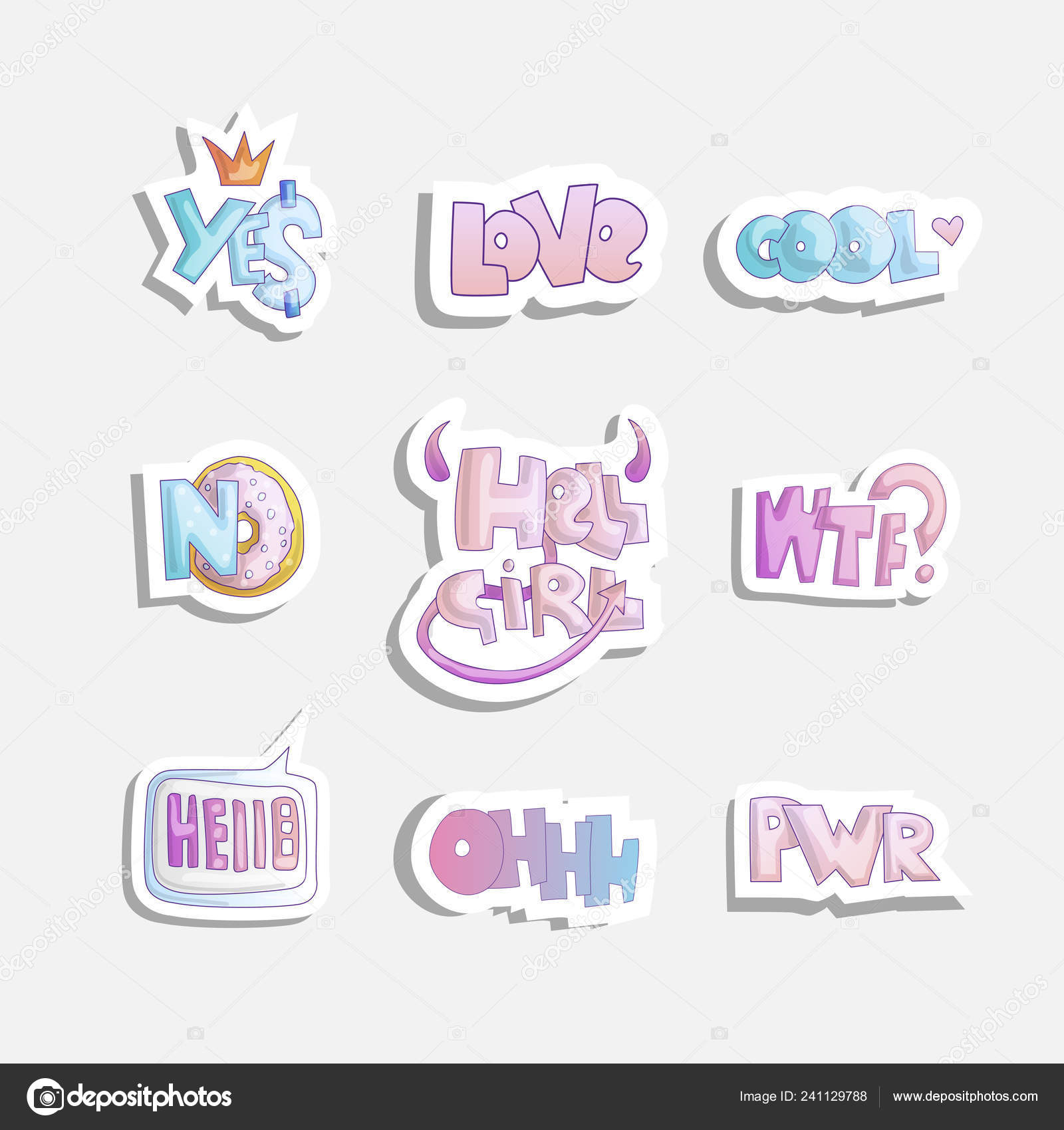 Vector cute cartoon set of fashion girly phrases and words - yes, no, hell  girl and other word stickers on fashion girl sticker theme. Cute princess  stickers Stock Vector by ©LisaAlisa_ill 241129788