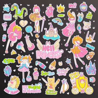 Cesur erkek fatma cehennem Prenses vektör karikatür ayarlayın. Prenses sihirli ve feminizm illüstrasyon, küçük genç kız, prenses süper kahraman ve savaşçı, cesur kız illüstrasyon. Feminizm prensesler koleksiyonu -