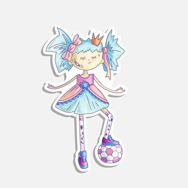 Illustration de princesse de dessin animé vectoriel. Princesse fille Sassy avec ballon de football et en robe de queue de fée mignonne et couronne. Sticker princesse mignonne, concept féministe. Forte princesse courageuse avec ballon de football . — Image vectorielle