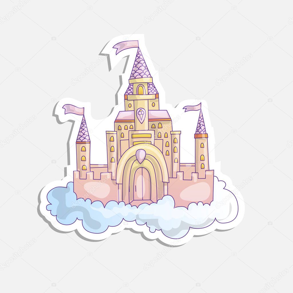 vector cartoon illustration of pink princess magic castle in clouds. pink princess magic castle in blue clouds, with flags and torrets, pastel pink color. Cute cartoon princess castle sticker