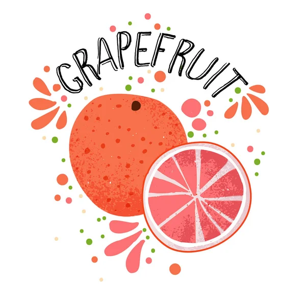 Vektor Hand zeichnen Grapefruit Illustration. Hälfte und Scheibe Grapefruits mit Saftspritzern isoliert auf weißem Hintergrund. Texturierte rosa, rote Zitrusskizze, Saft Zitrusfrüchte mit Wort Grapefruit auf — Stockvektor