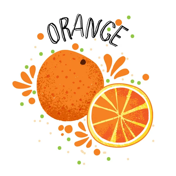 Vektor Hand zeichnen orangefarbene Illustration. Orangenscheibe mit Saftspritzern isoliert auf weißem Hintergrund. texturierte Orangen-Zitrusskizze, Saft-Zitrusfrüchte mit Word-Orange an der Spitze. frische reife Mandarine — Stockvektor