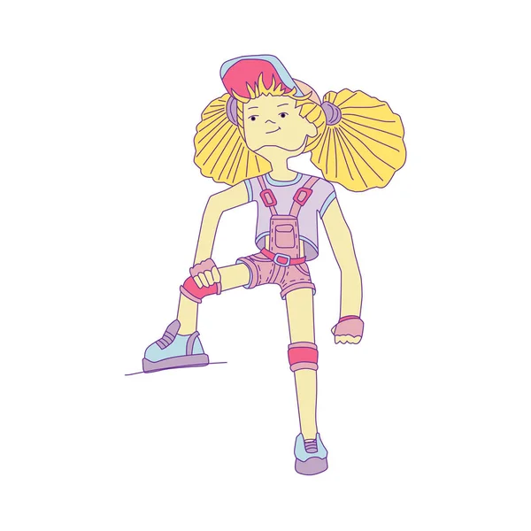 Девушка с жёлтыми волосами в бейсболке и комбинезоне, рисунок векторной карикатуры. Юная девушка в ярких красках, иллюстрация повстанческой девушки. Молодая позитивная бунтарка. Позитивная девушка — стоковый вектор