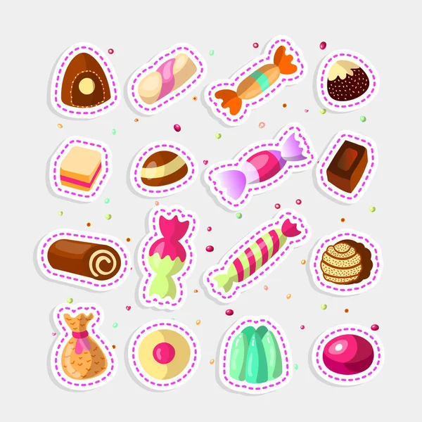 Süßes Cartoon-Bonbon-Set. Sammlung von Süßigkeiten, Cartoon-Stil. Gelee, Bonbons, Kuchen, süße Donuts und Marmelade. riesige Reihe von Cartoon-Doodle Form Bonbons und Süßigkeiten. Lutscher, Baumwolle, Donut und gestreift — Stockvektor
