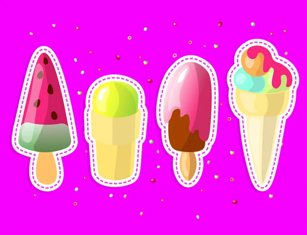 Conjunto de dibujos animados lindo color colección de helados. Set de helados con sandía, helado de fresa y té verde, cono de helado con chicle, cucharadas de naranja y menta aisladas en blanco — Archivo Imágenes Vectoriales