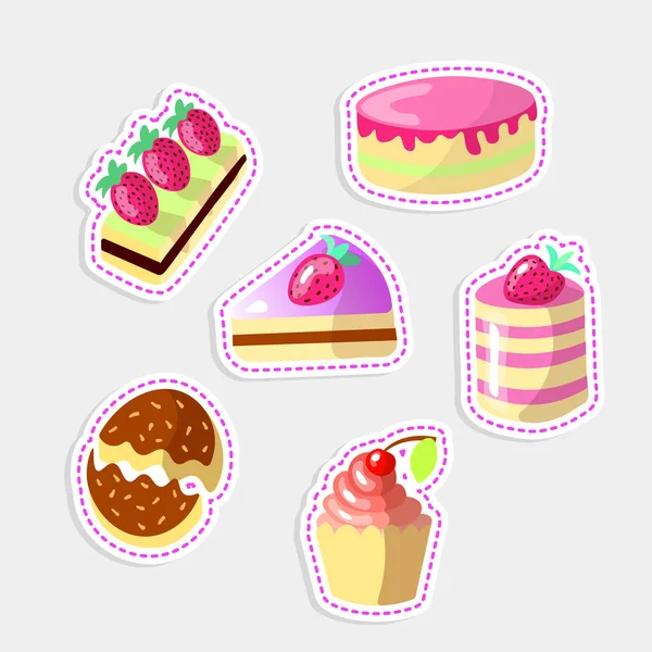 Sada roztomilých kreslených sladké koláče, vektorové ilustrace. Barevné kolekce ikon s jahodou na vrcholu a sypání, růžová glazura na dort. Roztomilý kreslený prosklené dort s čokoládou, bobule. Milé — Stockový vektor