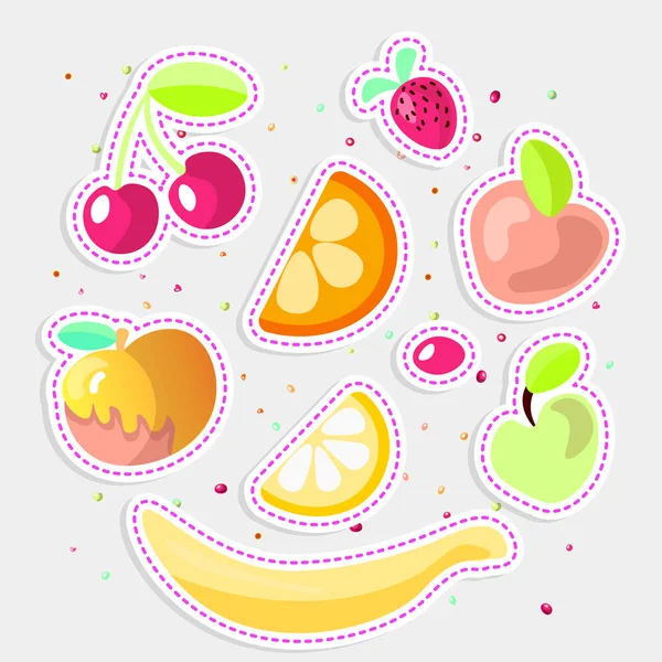 Mignon dessin animé collection de fruits. Icône de fruits doux, desserts de fruits d'été isolés sur fond blanc. Cerise, orange, citron, pomme et fraise dans un ensemble de dessin animé. Illustration de fruits doux d'été — Image vectorielle