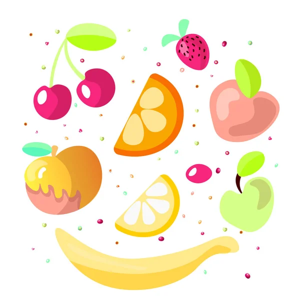 Mignon dessin animé collection de fruits. Icône de fruits doux, desserts de fruits d'été isolés sur fond blanc. Cerise, orange, citron, pomme et fraise dans un ensemble de dessin animé. Illustration de fruits doux d'été — Image vectorielle