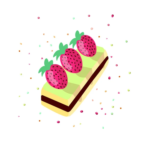 Χαριτωμένο καρτούν εικονογράφηση φορέα γλυκό κέικ. Εικονίδιο πολύχρωμο κέικ με φράουλα στην κορυφή και ψεκάζει. Χαριτωμένο κινούμενα γύρος κέικ — Διανυσματικό Αρχείο