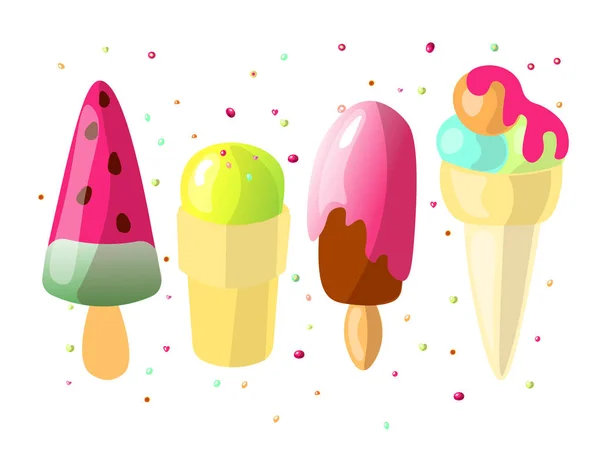 Conjunto de dibujos animados lindo color colección de helados. Set de helados con sandía, helado de fresa y té verde, cono de helado con chicle, cucharadas de naranja y menta aisladas en blanco — Archivo Imágenes Vectoriales