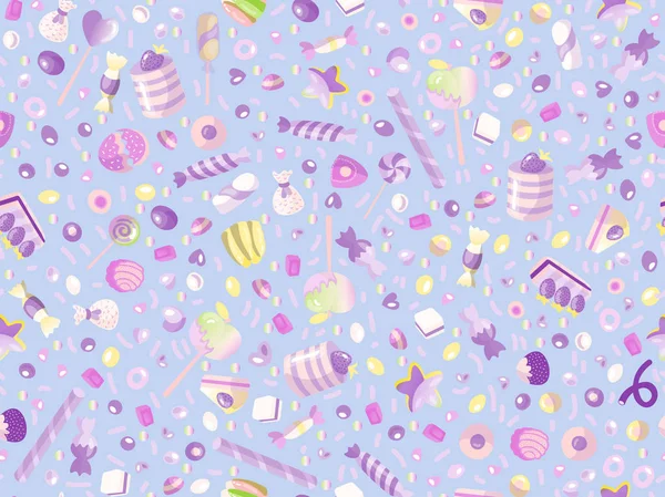 Schattig naadloos patroon met kleurrijke snoepjes, gebak, lolly 's. Cartoon naadloos patroon met snoep en zoete dessert. Leuk kleurrijk zoet patroon met snoep, ijs, ronde lolly 's. Snoepjespatroon — Stockvector