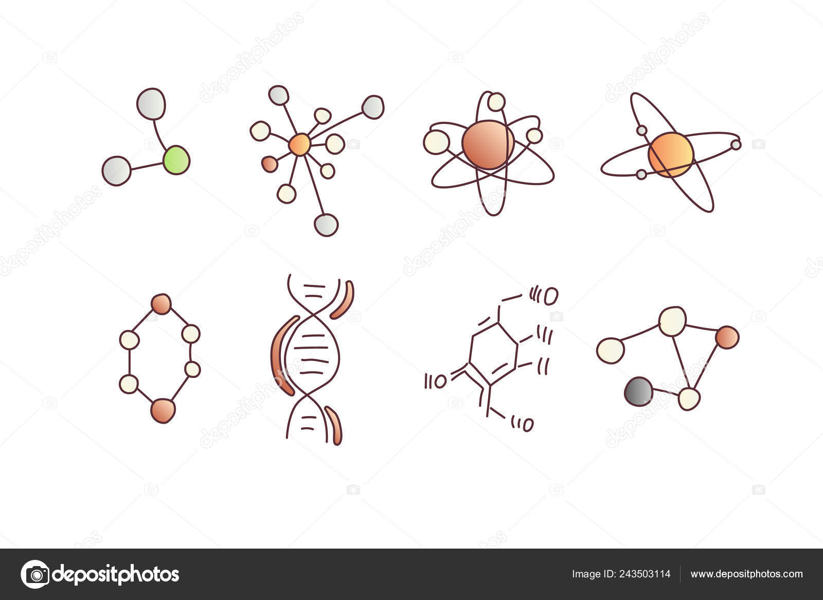 Cute cartoon molecule and atom icon set. Atomic and molecular
