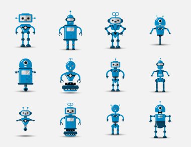 Komik vintage komik vektör robot düz stil gri arka plan üzerinde izole Icon set. Düz sohbet etmek simgesi toplama Vintage Illustration. Sevimli çizgi retro robot simgelerin ayarlamak, vintage sohbet bot ayarla