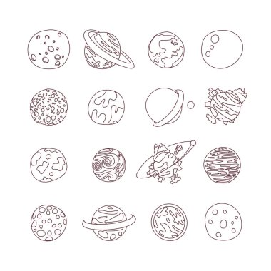 Sevimli çizgi astronomi gezegen Icon set. Karikatür simgeleri farklı doodle gezegenler, dış gezegen, gezegen halkaları, uydular,