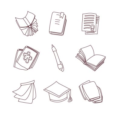 Sevimli çizgi vektör kitap, defter, takvim, günlük ve günlük simgesi ile kalem seti. Karikatür kitap simgesi toplama. Okul kitap simgeleri, kolej dizüstü bilgisayarlar ve lisansüstü şapka. Okul Not defterleri beyaz ayarla
