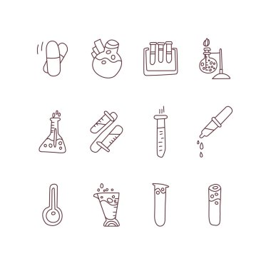 Test tüpleri, kimyasal ve fiziksel karikatür tarzı simgeler kümesi. Bilim adamları, bilim tüp simgesi toplama deneyler için test tüpleri