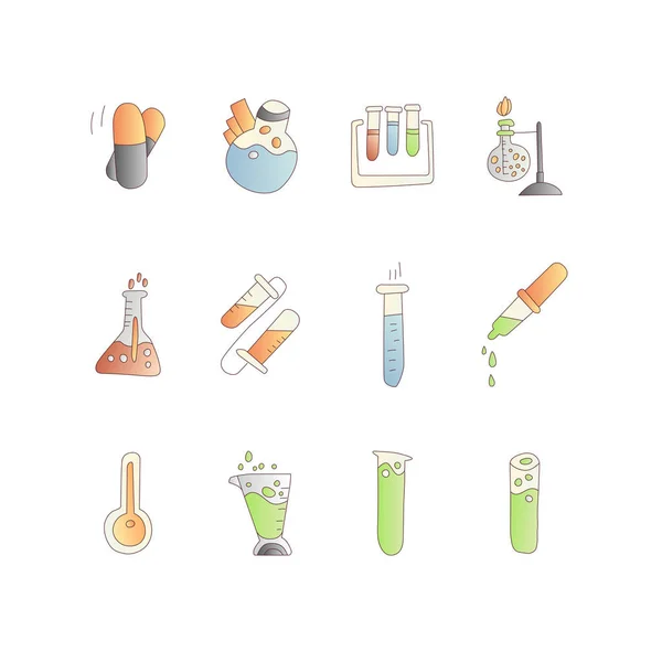 Chemical and physical test tubes, set of icons in cartoon style. Test tubes for experiments of scientists, science test tube icon collection — Stock Vector