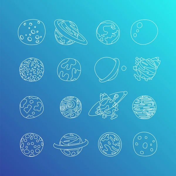 Söta tecknade astronomi planet Ikonuppsättning. Tecknad ikoner av olika doodle planeter, planetariska ringar, exo planeter och satelliter, — Stock vektor
