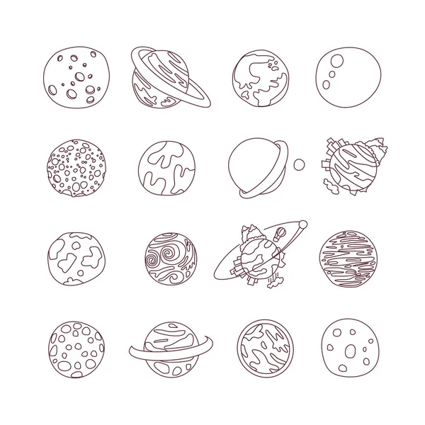 Kreskówka astronomii planet zestaw ikon. Różne ikony kreskówka doodle planety exo, Wiry, planety, satelity, — Wektor stockowy
