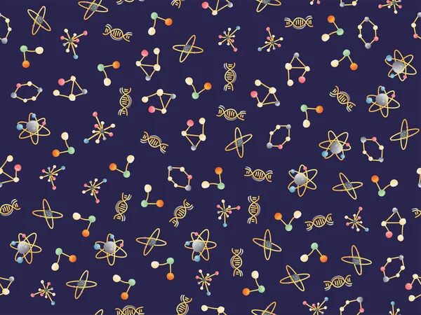 Schattige cartoon moleculaire naadloze patroon. DNA-molecule, atomen en atomaire structuur, proton en elektron wetenschap elementen in herhaalbare naadloze patroon, cartoon stijl. Moleculaire naadloze patroon, Atoom — Stockvector