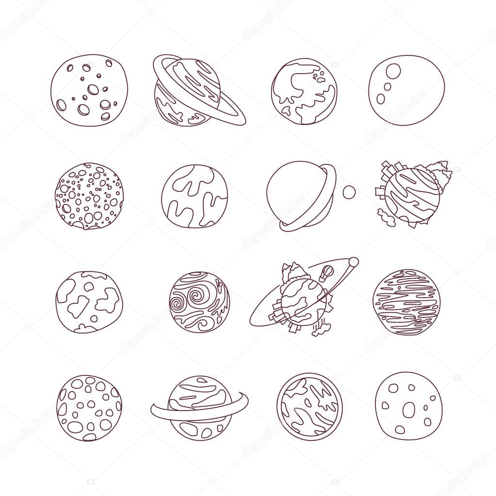 Cute cartoon astronomy planet icon set. Cartoon icons of different doodle planets, exo planets, planetary rings, satellites,
