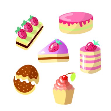 Sevimli çizgi tatlı kek, vektör çizim kümesi. Pasta simgeler çilek üst ve sprinkles, pembe sır ile renkli koleksiyonu. Sevimli çizgi pasta, çikolata, çilek ile sırlı. Tatlı