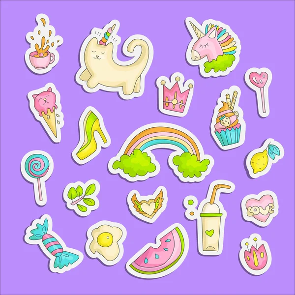 Cute funny Girl teenager colored stickers set, fashion cute teen and princess icons. Magic fun cute girls objects - unicorn, sweets, rainbow, cocktail, watermelon and other draw icon patch collection. — Stock Vector
