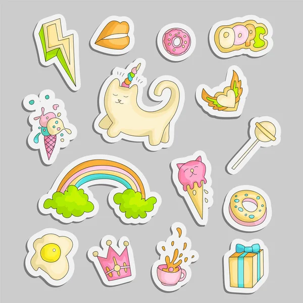 Stickers drôle mignon fille adolescent coloré ensemble, mode mignon adolescent et princesse icônes. Objets magiques mignons pour filles - licorne, arc-en-ciel, œufs, couronne, cadeau et autres dessins collection de patchs pour adolescents . — Image vectorielle