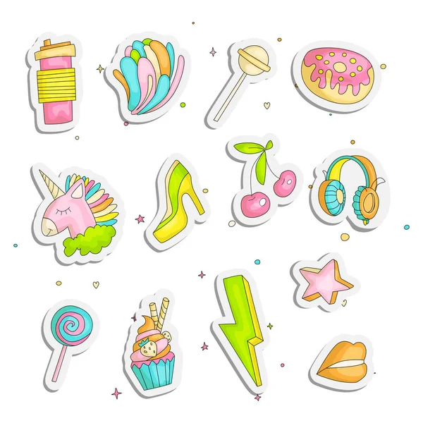 Cute funny Girl teenager colored stickers set, fashion cute teen and princess icons. Magic fun cute girls objects - donut, cupcake, high heel shoe, cherry, star and other draw icon patch collection. — Stock Vector