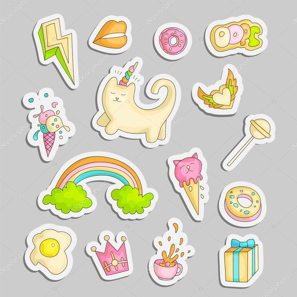 Cute funny Girl teenager colored stickers set, fashion cute teen and princess icons. Magic fun cute girls objects - unicorn, rainbows, eggs, crown, gift and other draw teens icon patch collection.