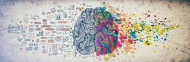 Left right human brain concept, textured illustration. Creative left and right part of human brain, emotial and logic parts concept with social and business doodle illustration of left side, and art clipart