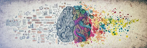 Conceito de cérebro humano à direita esquerda, ilustração texturizada. Criativa parte esquerda e direita do cérebro humano, emocial e lógica partes conceito com social e negócios doodle ilustração do lado esquerdo, e arte — Fotografia de Stock