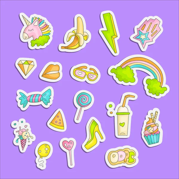 Cute funny Girl teenager colored stickers set, fashion cute teen and princess icons. Magic fun cute girls objects - banana, lightning, sweets, baloon, glasses and other draw icon patch collection. — Stock Vector