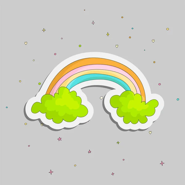 Netter Cartoon-Regenbogen auf zwei grünen Wolken. farbigen lustigen Regenbogen und zwei Wolken mit Dekoration auf grauem Hintergrund. Cartoon grüne Wolken und Sterne mit farbigem Regenbogen. — Stockvektor