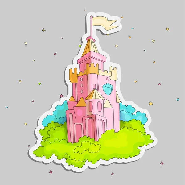 Cartoon medieval fun pink castle with orange flag and green grass. Magic cartoon castle for princess from fairy tale icon. Funny pink cartoon castle with decoration gray background. — Stock Vector