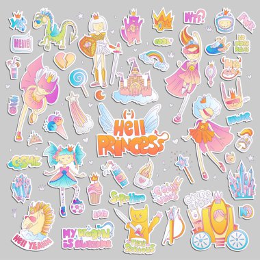 Cesur erkek fatma cehennem Prenses vektör karikatür ayarlayın. Prenses sihirli ve feminizm illüstrasyon, küçük genç kız, prenses süper kahraman ve savaşçı, cesur kız illüstrasyon. Feminizm prensesler koleksiyonu -