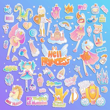 Cesur erkek fatma cehennem Prenses vektör karikatür ayarlayın. Prenses sihirli ve feminizm illüstrasyon, küçük genç kız, prenses süper kahraman ve savaşçı, cesur kız illüstrasyon. Feminizm prensesler koleksiyonu -