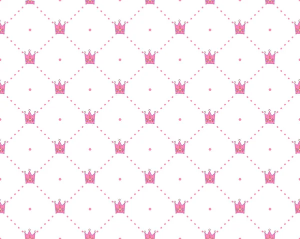 Funny princess pattern with geometrical structure and royal crown. Crown and dots princess pattern, cute teen fashion elements for princess and little girls. Princess cute seamless pattern, with pink — Stock Vector