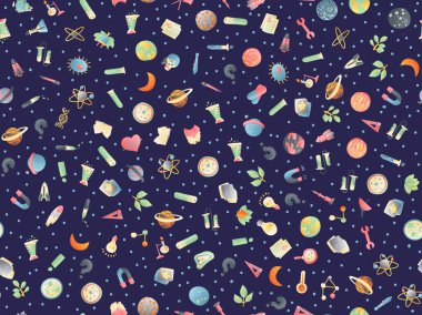 Sevimli çizgi geri okula ve üniversite eğlenceli renkli okul malzemeleri ile seamless modeli. Bilim test tüpleri, kitaplar, fizik, kimya ve astronomi nesneler üzerinde renkli okul seamless modeli