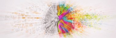 Şu insan beyni kavramı, dokulu illüstrasyon yaptı. İnsan beyni, emotial ve mantık parçaları kavramı sosyal ve iş ile yaratıcı sol ve sağ bölümü doodle sol tarafında ve sanat çizimi