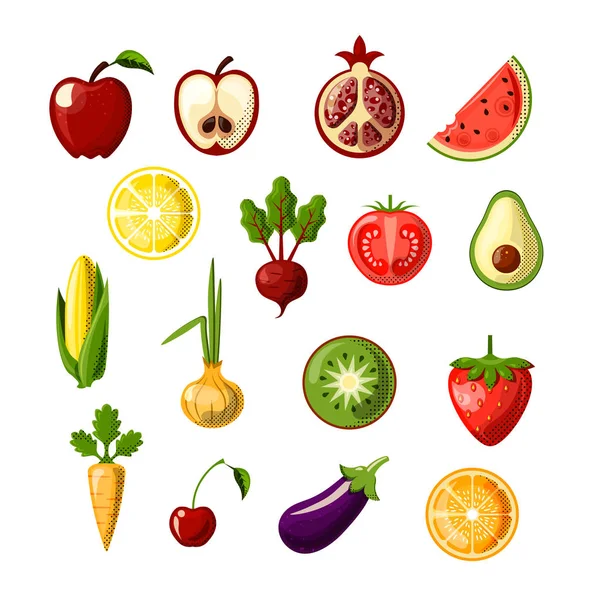 Gesundes Essen farbiges flaches Symbol-Set. Obst und Gemüse in einem Set, farbige flache frische gesunde Lebensmittel-Symbole, Vektorillustration. Symbol für gesunde Ernährung auf weißem Hintergrund. Tomaten, Kiwi — Stockvektor