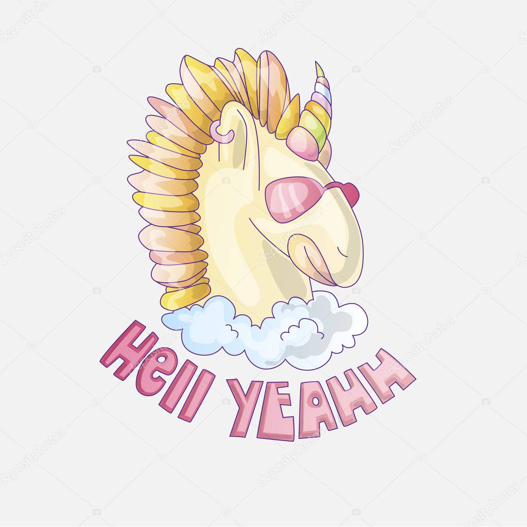 Cute unicorn colored. Unicorn with pink glasses, in cloud with words Hell Yeah on bottom. Colored horn and horse mane. Cute cartoon unicorn illustration
