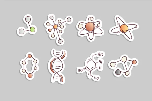 Söta tecknade molekyl och atom Ikonuppsättning. Atom- och molekylfysik illustration. Strukturera av molecula och atom med electron omloppsbana, proton och systematiken i Dna molekylen modell linje tecknad set. Struktur av — Stock vektor