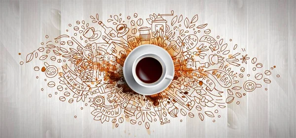 Conceito de café em fundo de madeira - xícara de café branco, vista superior com doodle ilustração sobre café, grãos, manhã, café expresso em café, café da manhã. manhã café vetor ilustração com café — Vetor de Stock