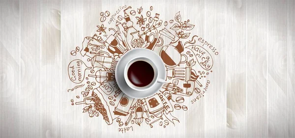 Coffee concept on wooden background - white coffee cup, top view with doodle illustration about coffee, beans, morning, espresso in cafe, breakfast. Morning coffee vector illustration. Hand draw and — Stock Vector