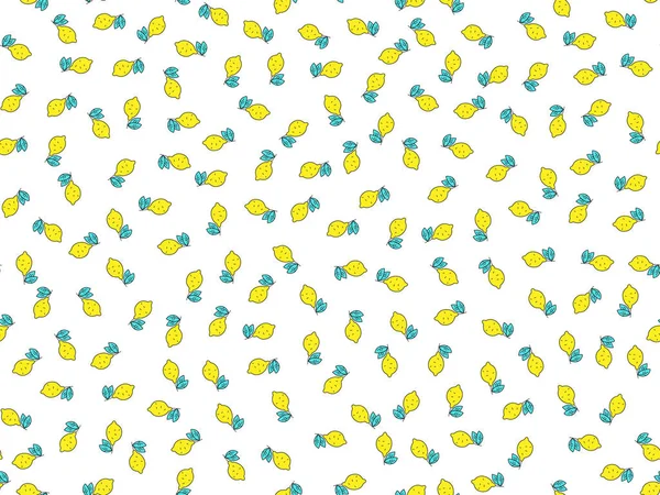 Eenvoudige citroen citrus naadloze patroon, gele verse citroenen met eindeloze patroon blauwe bladeren op wit wordt geïsoleerd. Achtergrond van de citroen, verse zomer en lente citrusvruchten tropische naadloze patroon — Stockvector