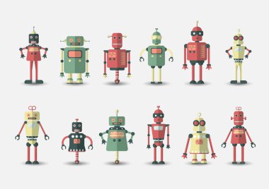 Retro vintage komik vektör robot düz stil gri arka plan üzerinde izole Icon set. Düz sohbet etmek simgesi toplama Vintage Illustration. Sevimli çizgi retro robot simgelerin ayarlamak, vintage sohbet bot ayarla